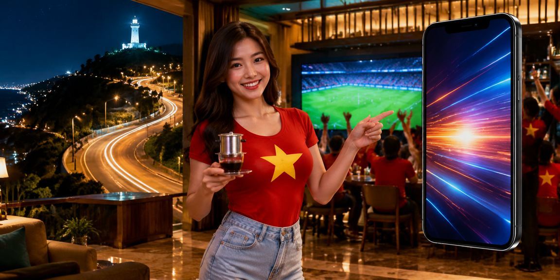 Người dùng Vũng Tàu truy cập nền tảng 954 qua điện thoại tại quán cà phê ven biển